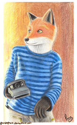 anthro black_ears black_nose blue_clothing blue_topwear bottomwear camera clothed clothing front_view fur glistening glistening_eyes grey_bottomwear grey_clothing grey_pants holding_camera holding_object logo male male_anthro mouth_closed orange_body orange_fur pants pattern_clothing pattern_topwear simple_background solo standing striped_clothing striped_topwear stripes text topwear white_body white_eyes white_fur yellow_sclera young young_anthro young_male pandapaco canid canine fox mammal absurd_res artist_logo english_text hi_res signature