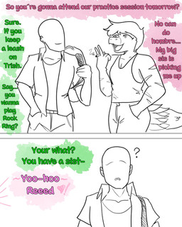 anthro backpack bald biped bottomwear cigarette clothed clothed_anthro clothed_human clothed_male clothing confusion denim denim_bottomwear denim_clothing dialogue duo hair hand_in_pocket holding_cigarette holding_object jacket jeans looking_at_another looking_at_viewer male markings offscreen_character open_clothing open_jacket open_topwear pants pockets question_mark shirt short_hair smile smoke smoking smoking_cigarette speech_bubble striped_markings stripes talking_to_another tank_top text topwear arsenic_iii cavemanon_studios goodbye_volcano_high snoot_game anon_(snoot_game) reed_(gvh) dinosaur dromaeosaurid human mammal prehistoric_species reptile saurischian scalie theropod velociraptor 2024 4:5 comic english_text greyscale hi_res monochrome shaded