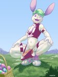 anthro balls big_penis clothed clothing easter_egg erection erection_under_clothing genitals holidays ineffective_clothing male outside penis solo rinzy easter lagomorph leporid mammal rabbit 3:4 hi_res