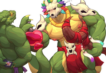 anthro biceps bone bone_mask bottomwear clothing duo green_body loincloth male mask muscular muscular_anthro muscular_male nipples pecs potion_bottle skull skull_accessory skull_mask staff tail iciqiu terraria witch_doctor_(terraria) lihzahrd lizard lizardman reptile scalie absurd_res hi_res