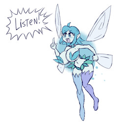 ahoge blue_body blue_eyes blue_hair blue_skin blush blush_lines bra breasts cleavage clothed clothed_female clothed_humanoid clothing dialogue exclamation_point female female_humanoid hair humanoid_pointy_ears navel not_furry open_mouth pointy_ears simple_background solo speech_bubble text underwear wings elfdrago nintendo ocarina_of_time the_legend_of_zelda navi fairy humanoid 2024 digital_media_(artwork) english_text hi_res