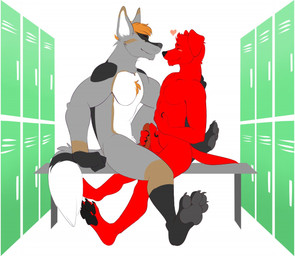 anthro bench black_nose blush chest_tuft duo erection frottage fur genitals hair handjob handjob_frottage humanoid_genitalia humanoid_penis locker locker_room male male/male masturbation nude on_bench penile penile_masturbation penis penises_touching sex simple_background smile tuft ahzi jon_(redtwin) kasyl_(fursona) canid canine canis domestic_dog mammal wolf digital_media_(artwork)