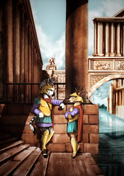 antlers aqueduct architecture armor bottomwear breastplate city city_background clothed clothing column crossed_arms detailed_background duo eye_contact footwear furgonomics greek_armor greek_clothing headgear historical historical_dress history horn looking_at_another male multicolored_body outside plate_armor romantic romantic_couple size_difference skirt smaller_male stripes tail tail_through_skirt olexlazarus dashing deer equid equine mammal zebra absurd_res detailed hi_res