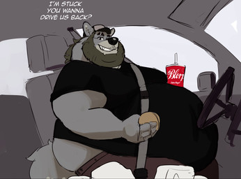 anthro baseball_cap beard belly beverage big_belly big_moobs car chair clothed clothing dialogue ear_piercing facial_hair fluffy fluffy_tail food fully_clothed furniture hat headgear headwear holding_food holding_object huge_belly inside_car inside_vehicle male moobs obese overweight overweight_male piercing seat_belt sitting smile solo tail talking_to_viewer trucker_hat vehicle tcw canid canine canis mammal wolf hi_res