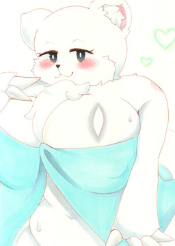 anthro big_breasts black_eyes blush breasts cheek_tuft facial_tuft female fur fur_tuft inner_ear_fluff solo towel towel_only tuft white_body white_breasts white_ears white_fur white_inner_ear_fluff misyake interspecies_reviewers ice_(interspecies_reviewers) bear mammal polar_bear ursine hi_res