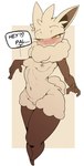 anthro blush breasts dialogue female fluffy fur looking_at_viewer narrowed_eyes neck_tuft nipples nude seductive small_breasts smile solo speech_bubble tan_body tan_fur tuft yellow_eyes fir3born palworld pocketpair canid cremis mammal pal_(species) absurd_res hi_res