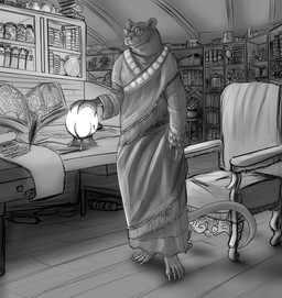 anthro armor book bookshelf claws clothing desk eyewear finger_claws furniture glasses headgear helmet inkwell loose_feather magic magic_user male orb quill robe scroll solo standing table tail tassel_cushion tassels toe_claws vase doctordj graham_aldridge_(manwho) mammal murid murine rat rodent absurd_res hi_res monochrome