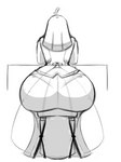 anthro big_butt butt chair clothing dress female furniture huge_butt looking_away panty_lines sitting solo tail turned_around wide_hips jwinkz headmistress_(jwinkz) avian bird cockatoo parrot 2023 greyscale hi_res monochrome