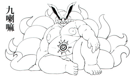 anthro belly big_belly genitals male moobs nipples overweight overweight_male penis sitting solo mightyoceano naruto kurama canid canine fox mammal 2023 absurd_res hi_res