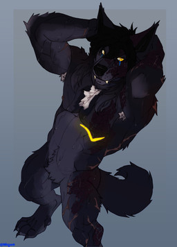 4_toes abs anthro armpit_hair biceps black_body black_fur black_hair black_nose blue_eyes bodily_fluids body_hair chest_tuft claws crotch_tuft cybernetics digitigrade fangs featureless_crotch feet fluffy fur glowing grey_body grey_fur hair hand_behind_head heterochromia looking_at_viewer machine male male_anthro markings muscular muscular_anthro muscular_male nude paws pecs pose pubes scar scars_all_over simple_background smile solo standing sweat tail teeth toe_claws toes tuft wet yellow_eyes milajanh art_fight mythology canid canine canis mammal mythological_canine mythological_creature werecanid werecanine werecanis werecreature werewolf wolf 2026 absurd_res digital_media_(artwork) hi_res
