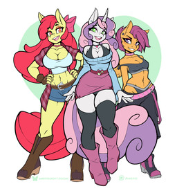 5_fingers aged_up anthro biped blush boots bottomwear bra breasts choker circlet cleavage clenched_teeth clothed clothed_anthro clothed_female clothing collarbone ear_piercing ear_stud eyebrows eyelashes female female_anthro fingerless_gloves fingers footwear fully_clothed fully_clothed_anthro fully_clothed_female fur gloves green_eyes group hair hands_on_hips handwear high_heeled_boots high_heels horn jewelry legwear looking_at_viewer midriff multicolored_hair navel necklace nipple_outline off_shoulder open_clothing open_mouth open_shirt open_smile open_topwear orange_body orange_eyes orange_fur pants piercing pink_hair purple_eyes purple_hair purple_tail red_eyes red_hair red_tail shirt shoes simple_background skirt smile sweater tail teeth thick_thighs thigh_highs tongue topwear trio two_tone_hair underwear white_body white_fur wings yellow_body yellow_fur ambris friendship_is_magic hasbro my_little_pony mythology apple_bloom_(mlp) cutie_mark_crusaders_(mlp) scootaloo_(mlp) sweetie_belle_(mlp) earth_pony equid equine horse mammal mythological_creature mythological_equine pegasus pony unicorn 2025 digital_media_(artwork) hi_res