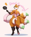 3_tails anthro apron apron_only belly big_belly big_breasts bow_(feature) bow_apron bow_in_back breasts clothing clothing_bow cooking dialogue domestic_scene female fluffy fluffy_tail food good_morning green_eyes heart_font heart_symbol huge_belly looking_back mostly_nude multi_tail multicolored_tail orange_body pancake pink_apron pink_clothing pink_text pregnant pregnant_anthro pregnant_female side_boob simple_background solo tail talking_to_viewer text tiggybloom mayternity mayternity_2023 canid canine fox mammal 2023 english_text hi_res