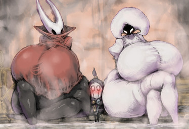 2_horns ambiguous_gender anthro big_breasts big_butt black_body black_eyes blush breasts butt cloak clothed clothing empty_eyes eyelashes female group holding_object horn hot_spring huge_breasts huge_butt red_clothing sitting symbol thick_thighs trio water white_clothing 2b-ge hollow_knight:_silksong hollow_knight_(franchise) team_cherry hornet_(hollow_knight) lace_(hollow_knight:_silksong) sherma_(hollow_knight:_silksong) arthropod hi_res male_(lore)