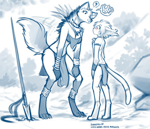 accessory anklet anthro arm_tuft bandeau barefoot bent_over biped blep blush bodily_fluids bottomwear bracelet breasts butt cheek_tuft chest_tuft claws clothed clothed_anthro clothed_female clothed_male clothing detailed_background digitigrade duo elbow_tuft facial_tuft feet female female_anthro fingers front_view fur furgonomics hair jewelry larger_female loincloth looking_at_another male male_anthro melee_weapon nervous nervous_sweat polearm question_mark rear_view size_difference skimpy smaller_male smile spear standing sweat tail tail_accessory tail_motion tailwag text toe_claws toes tongue tongue_out topless topless_male topwear tribal tribal_clothing tuft weapon conditional_dnp tom_fischbach twokinds keith_keiser basitin canid canine keidran mammal maned_wolf 2026 blue_and_white digital_drawing_(artwork) digital_media_(artwork) english_text monochrome pictographics sketch spot_color