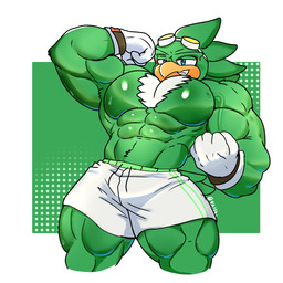 abs anthro big_muscles bodily_fluids bottomwear clothed clothing cocky eyewear feathers flexing flexing_bicep fluffy fluffy_chest glistening glistening_body gloves goggles green_body green_feathers grin grinning_at_viewer half-closed_eyes handwear huge_muscles looking_at_viewer looming male muscular muscular_male narrowed_eyes pecs shorts simple_background smile smiling_at_viewer solo sweat text topless topless_anthro topless_male vein veiny_muscles white_clothing white_gloves white_handwear yaiski sega sonic_riders sonic_the_hedgehog_(series) jet_the_hawk accipitrid accipitriform avian bird 1:1 2026 artist_name digital_drawing_(artwork) digital_media_(artwork) hi_res shaded signature