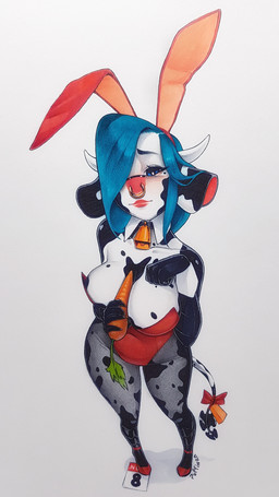 accessory animal_print anthro big_breasts biped blush bow_(feature) bow_accessory bow_ribbon breasts bunny_costume calendar carrot clothing costume cow_print cowbell curly_hair facial_piercing fake_ears fake_rabbit_ears female food footwear fur furgonomics hair hair_over_eye high_heels horn legwear looking_at_viewer nose_piercing november_(month) one_eye_obstructed piercing plant ribbons shoes smug solo stockings suggestive tail tail_accessory tail_bow tail_ribbon vegetable puffinza brenda_(puffinza) bovid bovine cattle dairy_cattle holstein_friesian_cattle mammal 2021 absurd_res hi_res traditional_media_(artwork)