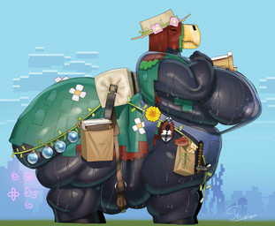 anthro bell big_breasts big_butt bodily_fluids breasts butt clothing female flower huge_breasts huge_butt overalls overweight plant potion solo sweat perotoart microsoft minecraft mojang xbox_game_studios sniffer_florist_(perotoart) sniffer_(minecraft) taur absurd_res hi_res