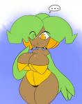 amber_eyes armwear banana big_breasts blue_background breasts brown_body clothed clothing ellipsis female food frown fruit green_hair hair hair_over_eye leaf leaf_hair looking_down non-mammal_breasts not_furry one-piece_swimsuit one_eye_obstructed plant plant_hair pseudo_hair short_stack simple_background solo speech_bubble standing swimwear thick_thighs white_background zipper zipper_swimsuit zipper_swimwear elfdrago tami_(elfdrago) elemental_creature elemental_humanoid flora_fauna humanoid plant_humanoid 2017 hi_res