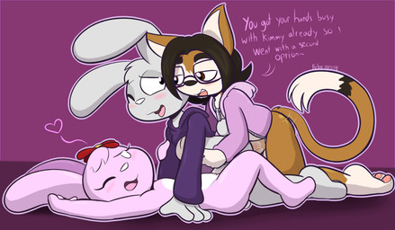 anthro blush dialogue female group heart_symbol male male/female sex text trio felino nate_(mindnomad) peter_(felino) poppy_(mindnomad) domestic_cat felid feline felis lagomorph leporid mammal rabbit absurd_res english_text hi_res