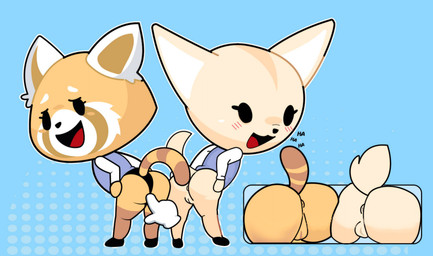 abstract_background ambiguous_gender anthro anus bent_over blue_background blush butt chibi duo empty_eyes female female/ambiguous genitals laugh looking_at_viewer open_mouth presenting presenting_hindquarters simple_background stylized_empty_eyes stylized_eyes vocalization vulva goz-o ninolo aggretsuko sanrio fenneko retsuko ailurid canid canine fennec_fox fox mammal red_panda true_fox 2021