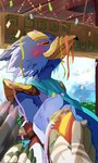 anthro beak birthday_party blue_body blue_feathers blush confetti day detailed_background eyes_closed feathers group humor male outside party prideful scarf solo_focus text chikichikitaron breath_of_the_wild nintendo the_legend_of_zelda revali avian rito constructed_script hi_res sheikah_text