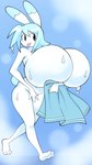 anthro big_breasts blep blue_hair breasts dipstick_ears ear_markings featureless_breasts female hair hand_over_crotch holding_object holding_towel huge_breasts hyper hyper_breasts multicolored_ears nude solo tongue tongue_out top_heavy towel white_body angstrom molly_(angstrom) lagomorph leporid mammal rabbit 2023 digital_media_(artwork) hi_res