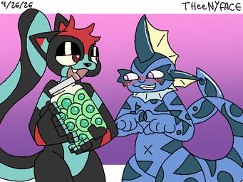 black_body black_fur blue_body blush container egg female fur green_eggs intersex jar open_mouth simple_background tail theenyface nintendo pokemon fan_character mya_(nm) showers_the_vaporeon domestic_cat eeveelution felid feline felis generation_1_pokemon mammal pokemon_(species) vaporeon
