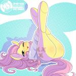 1:1 2015 blush bottomless butt clothed clothing cutie_mark digital_media_(artwork) equid equine female feral fluttershy_(mlp) friendship_is_magic hair hasbro hi_res hooves horse legs_up long_hair looking_at_viewer lying mammal megasweet my_little_pony on_back one_eye_closed pink_hair pony solo tongue tongue_out