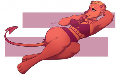 anthro clothed clothing ear_piercing female looking_at_viewer piercing solo swimwear tongue tongue_out redpixie demon felid hybrid lion mammal pantherine