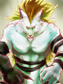 5_fingers abs anthro fingers fist front_view fur hair long_hair looking_at_viewer male muscular muscular_anthro muscular_male simple_background solo white_body white_fur unknown_artist atlus devil_children european_mythology megami_tensei mythology norse_mythology sega canid canine canis fenrir_(devil_children) mammal wolf 3:4 colored_sketch sketch source_request