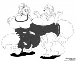 anthro barefoot big_breasts breasts clothing duo feet female hair huge_breasts long_hair open_mouth ponytail simple_background slightly_chubby tail tongue torn_clothing white_background wide_hips deonwolf ralord canid canine canis domestic_dog felid mammal digital_media_(artwork) monochrome