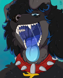aircraft airplane anthro black_hair blind blue_highlights blue_mouth bodily_fluids collar disability gradient_mouth hair highlights_(coloring) imminent_vore male mottled mottled_nose mouth_shot open_mouth saliva saliva_on_tongue saliva_string smile teeth tongue tongue_out vehicle vore kazumiaure lorenzothedog bird_dog canid canine canis domestic_dog hunting_dog labrador mammal retriever hi_res