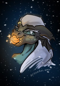 anthro fangs food fruit hair long_hair looking_at_viewer open_mouth open_smile plant pupils smile snow solo tangerine_(fruit) teeth white_hair white_pupils stirren kobold scalie hi_res portrait