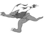 anthro balls claws erection finger_claws generation_5_pokemon genitals greyscale hair looking_at_viewer male monochrome nintendo nude penis pique_raj pokemon pokemon_(species) reaching running simple_background smile solo toe_claws white_background zoroark