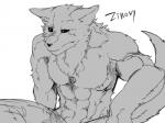 4:3 abs anthro athletic biceps biped canid canine canis clothed clothing dog_tags kemono male mammal monochrome muscular muscular_anthro pecs sitting solo topless wolf yakantuzura zinovy