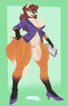 anthro big_breasts breasts brown_hair cleavage clipboard clothed clothing eyewear female footwear genitals glasses green_eyes hair high_heels long_hair looking_at_viewer pencil_(object) pussy shoes smile solo torou cassie_(foxydude) canid canine fox mammal hi_res