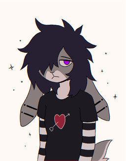 anthro black_clothing black_shirt black_topwear clothing ear_piercing ears_down fur grey_body grey_fur hair hair_over_eye half-closed_eyes heart_symbol looking_at_viewer male messy_hair multicolored_body multicolored_fur narrowed_eyes piercing pivoted_ears purple_eyes purple_hair scut_tail shirt short_tail simple_background solo sparkles striped_sleeves tail topwear two_tone_body two_tone_fur white_background crischar_foxito lagomorph leporid mammal rabbit 2025 absurd_res digital_drawing_(artwork) digital_media_(artwork) hi_res