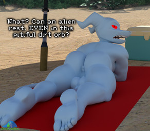 annoyed anus balls beach big_bulge big_butt bubble_butt bulge butt cooler detailed_background feet frown genitals glowing glowing_eyes looking_at_viewer lying_on_towel male muscular muscular_male nude penis plant rear_view red_eyes red_towel sand solo tail text towel umbrella white_body white_skin white_text albalbalb earthbound_(series) nintendo giygas alien 2026 3d_(artwork) digital_media_(artwork) english_text hi_res watermark