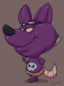 3_toes 4_fingers ambiguous_gender anthro big_head black_nose brown_background duo eyewear feet fingers glasses huge_head hyper hyper_head looking_at_viewer markings no_eyebrows pose purple_body rectangular_glasses shadow simple_background skull_(marking) toes yellow_sclera kikatsu bombjackal canid canine canis jackal mammal 2017 digital_media_(artwork) hi_res shaded