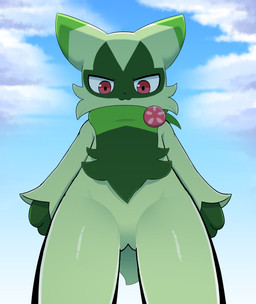 anthro blue_sky butt butt_from_the_front cloud cloudy_sky featureless_crotch front_view fur green_arms green_body green_ears green_fingers green_fur green_legs sky sum nintendo pokemon felid feline floragato generation_9_pokemon mammal pokemon_(species) absurd_res hi_res