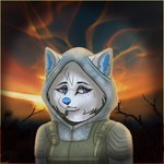 anthro blue_eyes blue_nose clothing facial_markings facial_scar female freckles fur head_markings hoodie markings scar solo tear_(marking) topwear white_body white_fur larzali s.t.a.l.k.e.r. arctic_wolf canid canine canis mammal wolf 1:1 hi_res