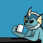 1:1 2021 amavect ambiguous_gender anthro anthrofied black_eyes black_outline blue_background blue_body blue_theme coffee_mug container cup digital_media_(artwork) eeveelution frown furniture generation_1_pokemon half-length_portrait holding_container holding_cup holding_object humor meme nintendo outline parody pokemon pokemon_(species) pokemorph portrait reaction_image side_view simple_background sitting solo stare table too_early_for_this vaporeon ಠ_ಠ