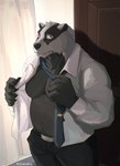 amber_eyes anthro black_body black_bottomwear black_clothing black_countershading black_fur black_nose black_pants blue_necktie body_hair bottomwear clothed clothing countershade_torso countershading curtains detailed_background door dress_shirt facial_markings fur grey_body grey_fur happy_trail head_markings inside looking_at_viewer loose_tie male markings mask_(marking) musclegut muscular muscular_anthro muscular_male necktie open_clothing open_shirt open_topwear pants pecs shirt solo standing tie_clip topwear white_clothing white_shirt white_topwear chsheneng echo_(series) echo_project the_smoke_room nikolai_krol badger european_badger mammal meles mustelid musteline 2022 artist_name hi_res portrait three-quarter_portrait