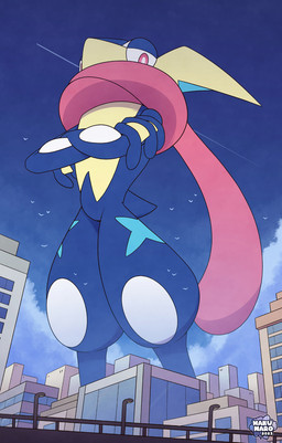 ambiguous_gender anthro biped blue_body building city crossed_arms logo looking_at_viewer looking_down looking_down_at_viewer low-angle_view macro membrane_(anatomy) pink_eyes pupils short_tail standing street_lamp tail webbed_hands white_pupils hakunaro nintendo pokemon ambient_bird generation_6_pokemon greninja pokemon_(species) 2023 artist_logo digital_drawing_(artwork) digital_media_(artwork) english_description hi_res watermark