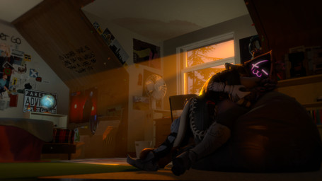 anthro bean_bag belly black_body black_fur box breasts claws container cozy cuddling desk duo female female/female fur furniture head_between_breasts light light_beam side_boob sleeping sunbeam sunlight table tail tail_wrapped_around_leg funnymansfm epic_games fortnite meow_skulls raven_team_leader bear felid feline mammal hi_res