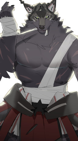 anthro black_body black_claws black_fur black_nose chest_scar claws clothed clothed_anthro clothed_male clothing fingers fur green_eyes humanoid_hands male mask muscular muscular_anthro muscular_male scar solo l0sskim cygames world_flipper rolf_(world_flipper) canid canine canis mammal wolf absurd_res hi_res