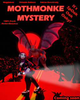 5_fingers 5_toes antennae_(anatomy) anthro arm_warmers armwear bag blue_eyes bob_cut bottomwear choker clothed clothing crop_top duo ear_piercing eyeshadow feet female fingers flashlight flying footwear fur glowing glowing_eyes hair jewelry lips makeup male membrane_(anatomy) membranous_wings midriff moon movie_poster necklace pants piercing plant platform_footwear platform_sandals purple_body purple_fur purple_hair purple_lips purse red_sclera sandals satchel shirt shoes street text toes topwear tree wings siakstuff magdalene_(redustheriotact) arthropod cryptid haplorhine hybrid insect lepidopteran mammal monkey moth primate 2026 english_text hi_res