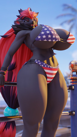 american_flag_bikini anthro big_breasts bikini breasts clothing female fence flag_bikini flag_swimwear hair holidays long_hair looking_at_viewer railing solo swimwear thick_thighs two-piece_swimsuit sello3d bom39_(modeler) 4th_of_july nintendo pokemon generation_5_pokemon pokemon_(species) zoroark 9:16 hi_res