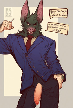 anthro bodily_fluids bottomwear clothing cocked_hip fangs flirting flirting_with_viewer for_a_head foreskin fur genital_fluids genitals hand_in_pocket humanoid_genitalia humanoid_penis licking licking_lips looking_at_viewer male necktie pants penis penis_poking_out penis_through_fly pockets precum simple_background solo suit talking_to_viewer teeth text tongue tongue_out vein veiny_penis ekzonzz dispatch sonar_(dispatch) animal_head animal_humanoid bat humanoid mammal werebat werecreature absurd_res colored english_text hi_res