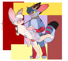 anthro blush bodily_fluids collar collar_pull dominant dominant_female duo female fur genital_fluids genitals hair male male/female nipples nude penetration penile penile_penetration penis penis_in_vagina scar sex simple_background smile vaginal vaginal_penetration vulva zafirodraw stern_(saurfennec) zephyr_wotherspoon canid canine fennec_fox fox hybrid mammal true_fox